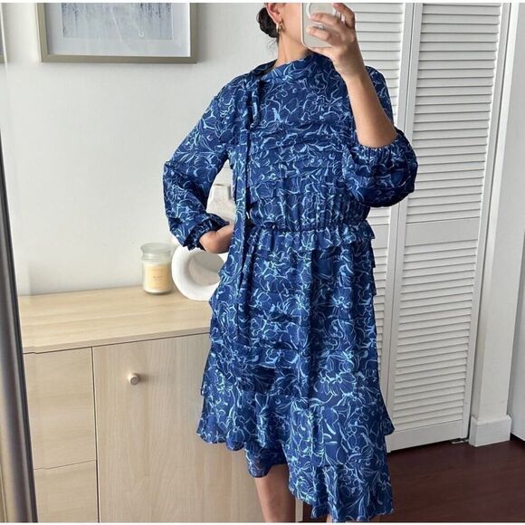 Sachin & Babi Dress Womens 2 Brielle Floral Print Tiered Tie Neck Satin Midi - Picture 1 of 16